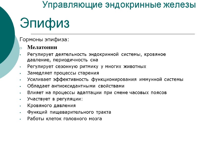 Управляющие эндокринные железы Эпифиз Гормоны эпифиза: Мелатонин  Регулирует деятельность эндокринной системы, кровяное давление,